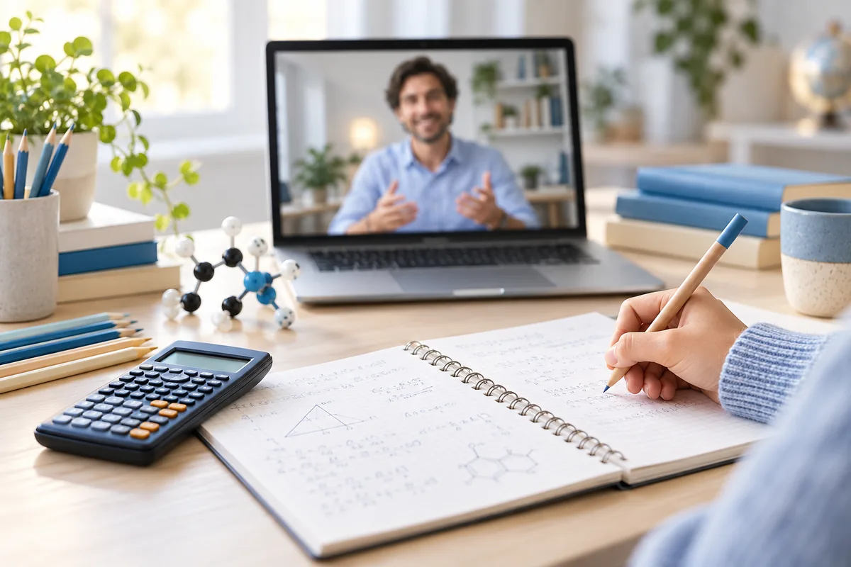 Study desk with laptop, notebook, calculator and a molecular model